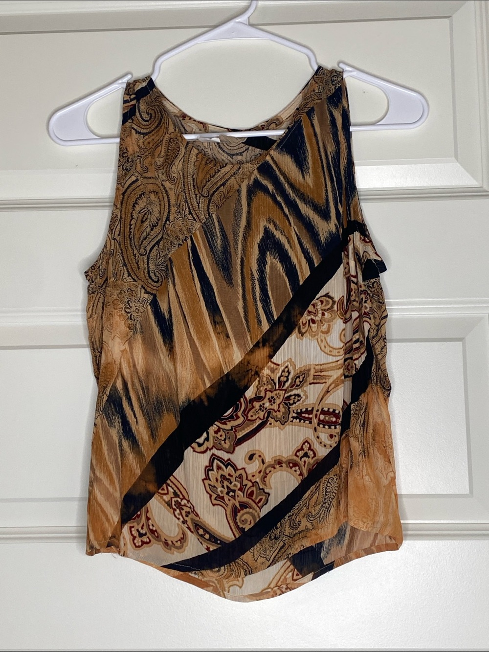 Vintage Sleeveless Paisley & Abstract Print Tank Top in Tan and Black